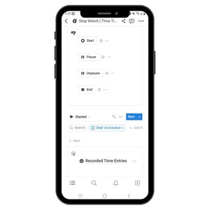 May include: A mobile phone screen displaying a stopwatch app with buttons for start, pause, unpause, and end. The app also has a search bar, a checkbox labeled "End: Unchecked", and a button labeled "Add". The app shows a list of recorded time entries.