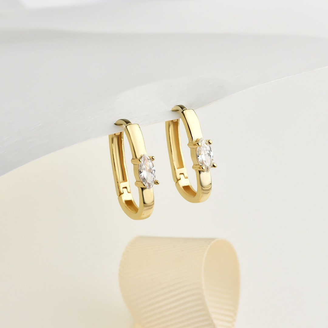 18K Gold PVD Stainless Steel Marquis CZ Stone Hoop Earrings