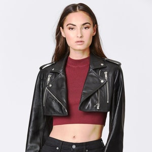 Lambskin Leather Cropped Biker Jacket: Slim Fit, Long Sleeves