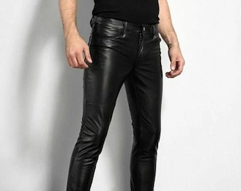 May include: Black leather pants with a slim fit.
