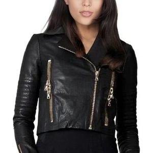 Women&#39;s & Girls 100% Genuine Soft Lambskin Leather New Design Cropped Motor Biker Jacket Slim Fit,  Long Sleeves Beautiful Look