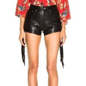 Women&#39;s & Girls Genuine High Quality Lambskin Leather Mini Cropped Motor Biker hot Shorts Fringe on Side Slim-fit