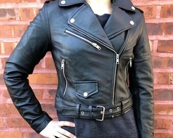 Lambskin Leather Cropped Biker Jacket, Slim Fit