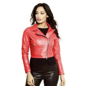 Women&#39;s & Girls 100% Genuine Soft Lambskin Leather Cropped Motor Biker Jacket Slim Fit, Long Sleeves Beautiful Look