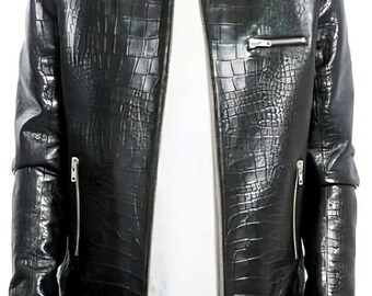 Men's Lambskin Leather Biker Jacket, Crocodiles Embossed