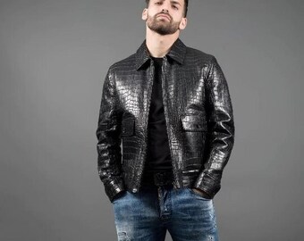 Crocodile Embossed Lambskin Leather Biker Jacket - Etsy