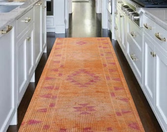 3x9 Turkish Runner Rug, 3x9 Vintage Wool Rug, 3x9 Runner Rug, Orange Pink Rug, Hallway Runner Rug, Laundry Runner, Handmade Wool Kitchen Rug