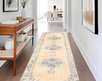 3x11 Pale Yellow Vintage Turkish Runner Rug: Mid Century Modern Kitchen Carpet