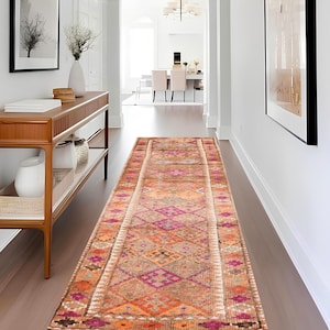3x10 Pale Orange TURKISH VINTAGE RUNNER Rug, 3x10 Vintage Runner, 3x10 Rug, Oushak Handmade Wool Rug, 3x10 Herki Runner, Rugs For Hallway