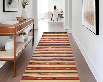 2x8 Sand Beige Striped Kilim Runner Rug, 2x8 Kilim Runner, 2x8 Rug, Short Handmade Wool Rug, Beige & Blue Runner, Mid Century Modern, Gifts