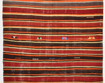 Tappeto Kilim turco a righe rosse 6x9, tappeto vintage in juta fatto a mano, tappeti per soggiorno