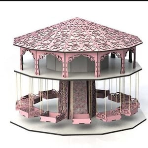 May include: A pink wooden carousel with a decorative roof and swings. The carousel has a white base and intricate details.
