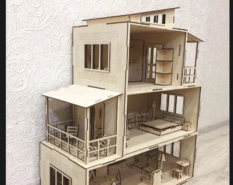 File in formato SVG aı di cdr dxf SVG per casa delle bambole moderna tagliata al laser