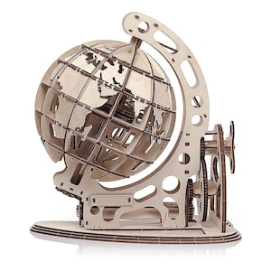 May include: A wooden globe model with a detailed map of the world. The globe is mounted on a stand with a gear system that allows it to rotate. The model is made of natural wood and has a rustic, vintage look.