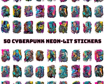 50 Digital Cyberpunk Stickers | Digital Stickers | PNG Stickers | Digital Cyberpunk Vikings | Instant Download