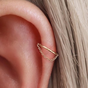 Cartilage Earring Hoop with Chain, Helix Ring 8mm, Conch Piercing Jewelry, Septum Ring, Tragus Jewellery, Titanium Earrings with Chain