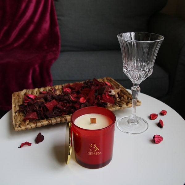 Sandelholz & Vanille, Luxuriöse Duftkerze im Glas, Holzdocht, Soja Duftkerze, Sojawachs, Duftkerze, Sandelholz, Geschenkidee Valentinstag