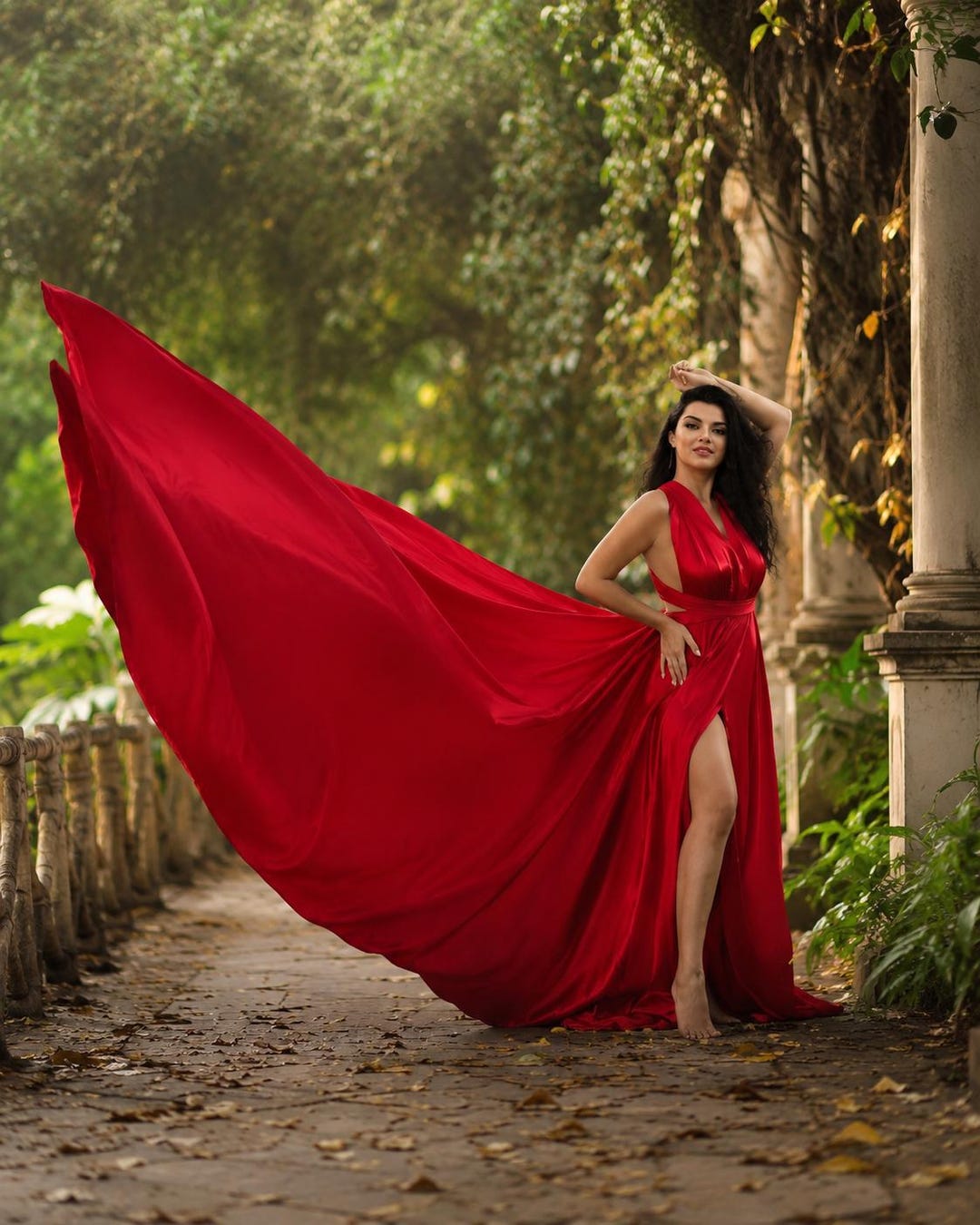 Red Satin Trail Gown | Elegant V-neck, High Slit Photoshoot Dress