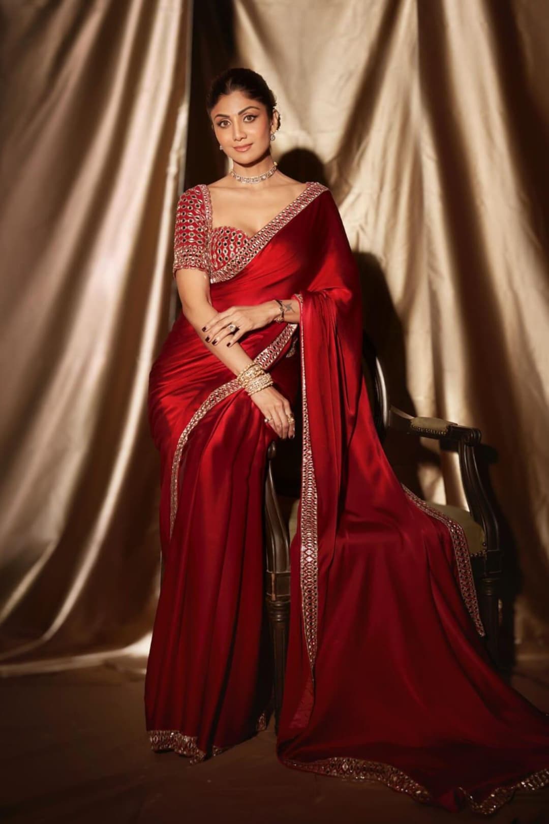 Red Satin Chinon Saree With Mirror And Bead Embroidered Detailing main image 0