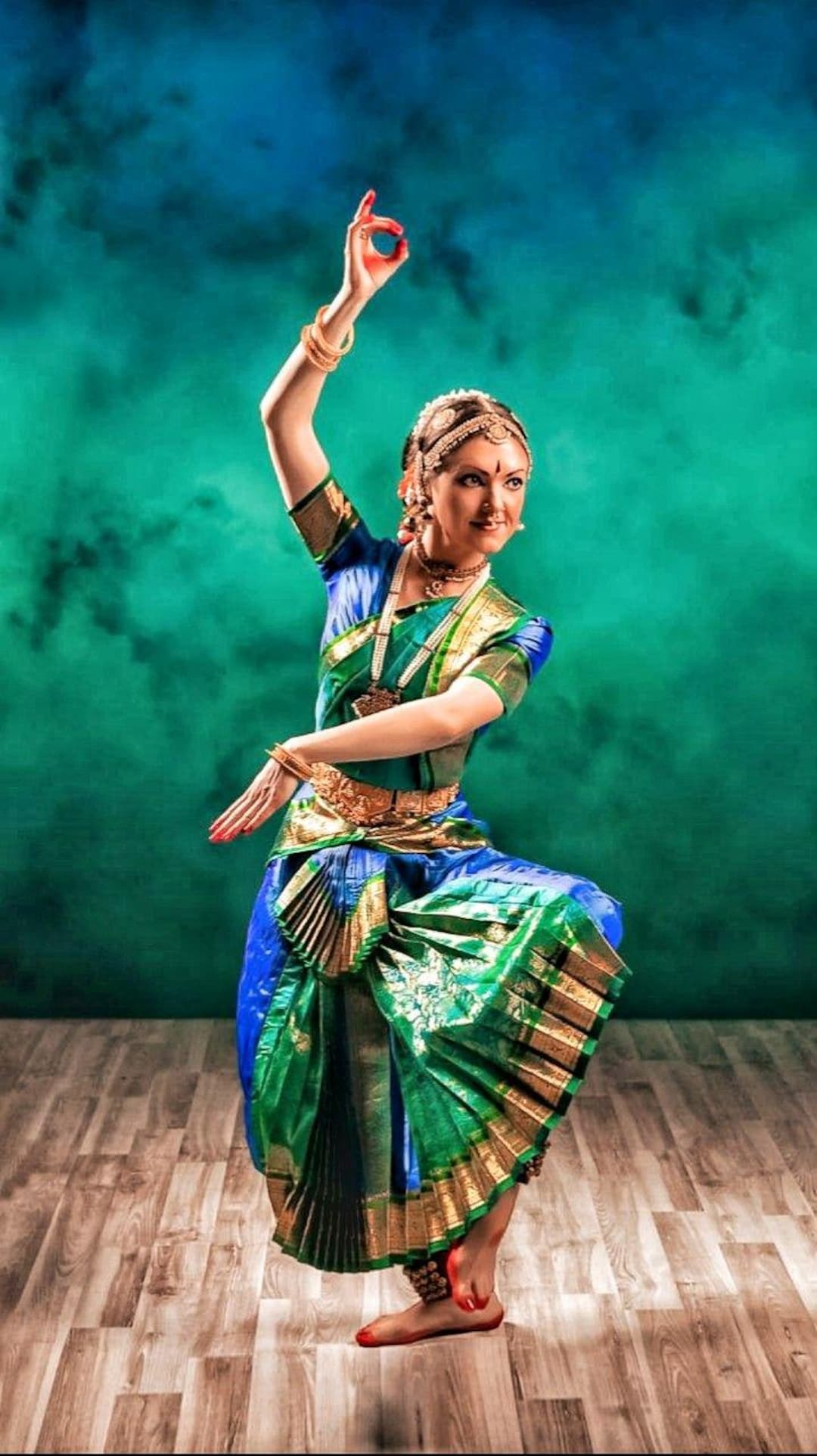 Blue and Green Colour Bharatnatyam Dance Dress Costume