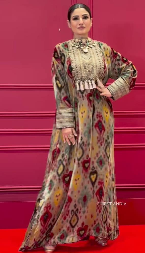 Designer Ikat Print Kaftan Gown by Raveena Tandon