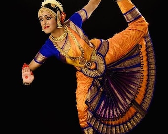 Royal Blue And Golden Organge Colour Bharatnatyam Dance Dress Costume
