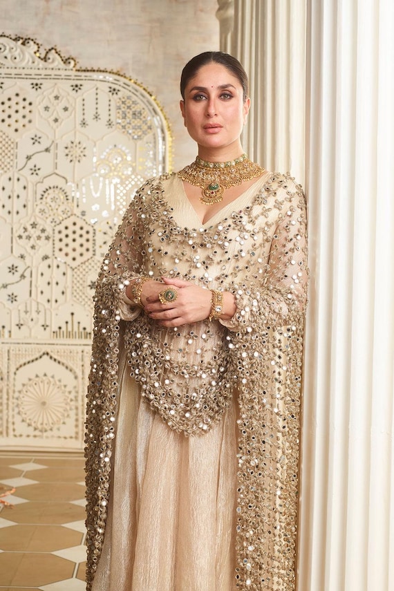 green emerald velvet dress KAREENA KAPOOR 2026 KHAN LUXURY SILK DRESS WITH GOLDEN MIRROR DUPATTA| –  Shaebiz Collection main image 1