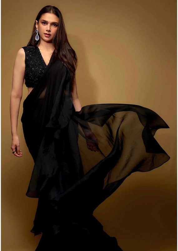 Aditi Rao Hydari in Black Spotlight Ruffle Saree With Embroidered Blouse