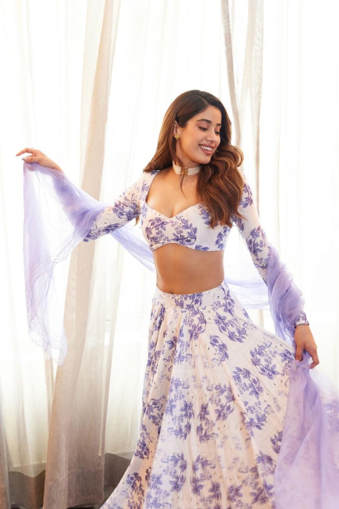 Jhanvi Kapoor White and Blue Printed Lehenga