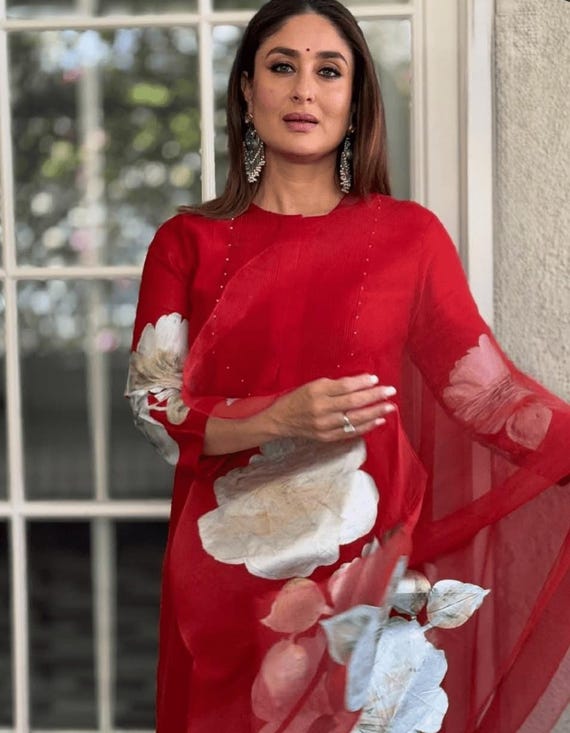 Kareena Kapoor Rose Red Silk Chanderi Hand Painted Anchor Thread Round  Kurta Pant Set - Etsy Canada