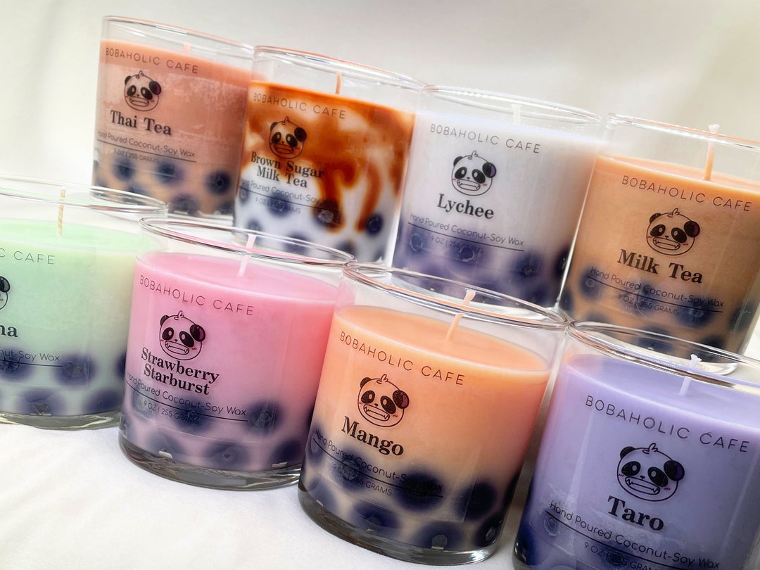 9 Oz Bubble Tea Scented Candles, Taro, Mango, Milk Tea, Brown Sugar