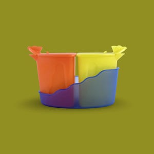 Vintage Tupperware Milk and Sugar Set with Pouring Lids – Orange, Yellow & Blue Wave Holder – 1980s Kitchen Decor