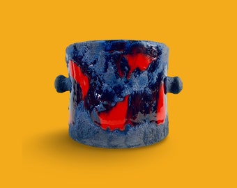 Vintage Marei West-Duitsland Fat Lava Planter - Middeleeuwse moderne keramische pot met blauw en rood glazuur - Zeldzaam interieurac