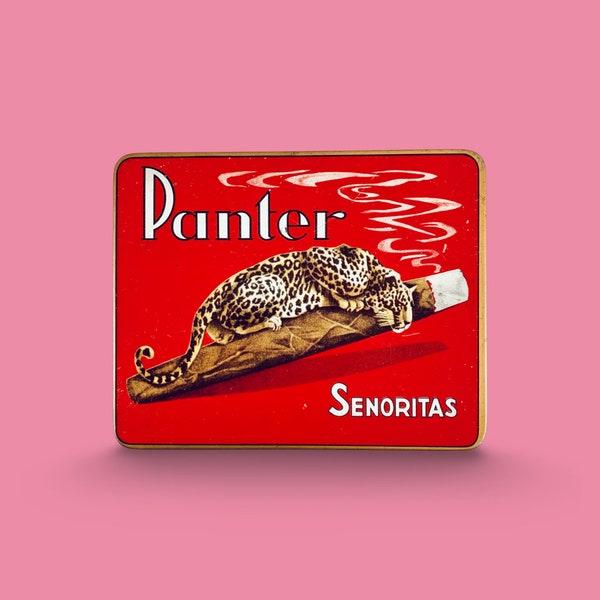 Vintage Red Tin Cigar Box for 20 Cigars by Panter Senoritas - Gold Panther Illustration - Collectible Tobacco Memorabilia