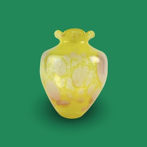 Vintage Art Glass Vase: Yellow Pink Marbled, Scalloped Rim