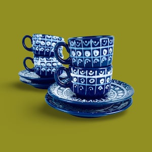 Vintage Zsolnay Hungarian Coffee Set – Hand-Painted Blue and White Majolica Espresso Cups & Saucers – Mid-Century Home Decor Collectible