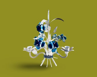 Vintage French White Tole Chandelier: Blue Flowers, 3 Arms - Mid Century Cottage Decor - Perfect for Romantic Ambiance!