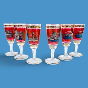 Set of 6 Vintage Venezia Souvenir Glasses – Red Gold Italian Liqueur Cordial Glasses with Venice Landmarks – Mid Century Barware