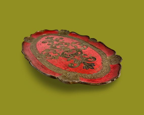 Vintage Hand-Painted Venetian Serving Tray: Red & Gold Italian Decor