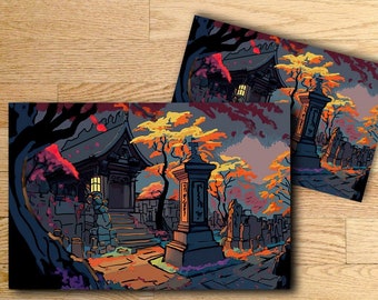 Vibrant Asian Cemetery Art Print | Gaming Wall Decor