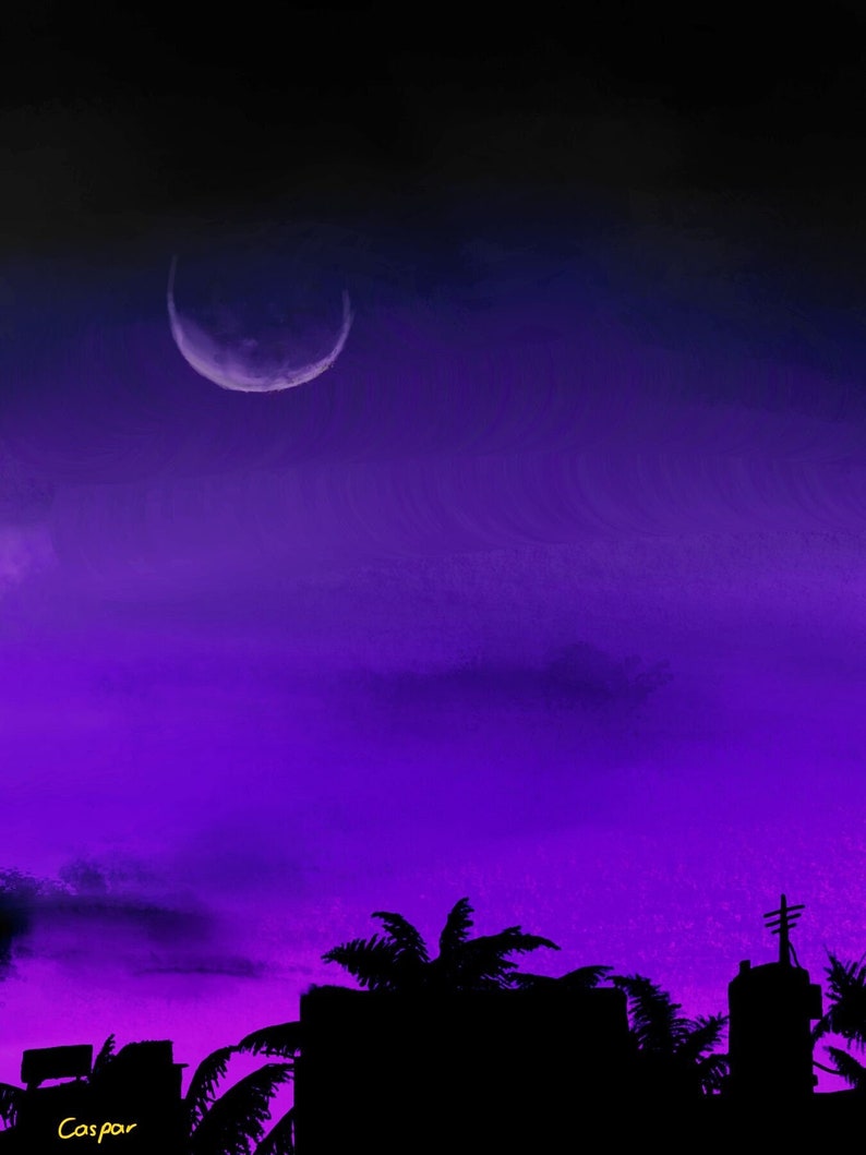 May include: A crescent moon hangs in a vibrant purple sky, silhouetted against a cityscape with palm trees. The sky is a deep, rich purple, with a hint of pink at the horizon. The moon is a pale white, and the cityscape is a dark silhouette.