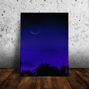 May include: A digital painting of a crescent moon in a dark blue sky with a silhouette of palm trees and buildings in the foreground.