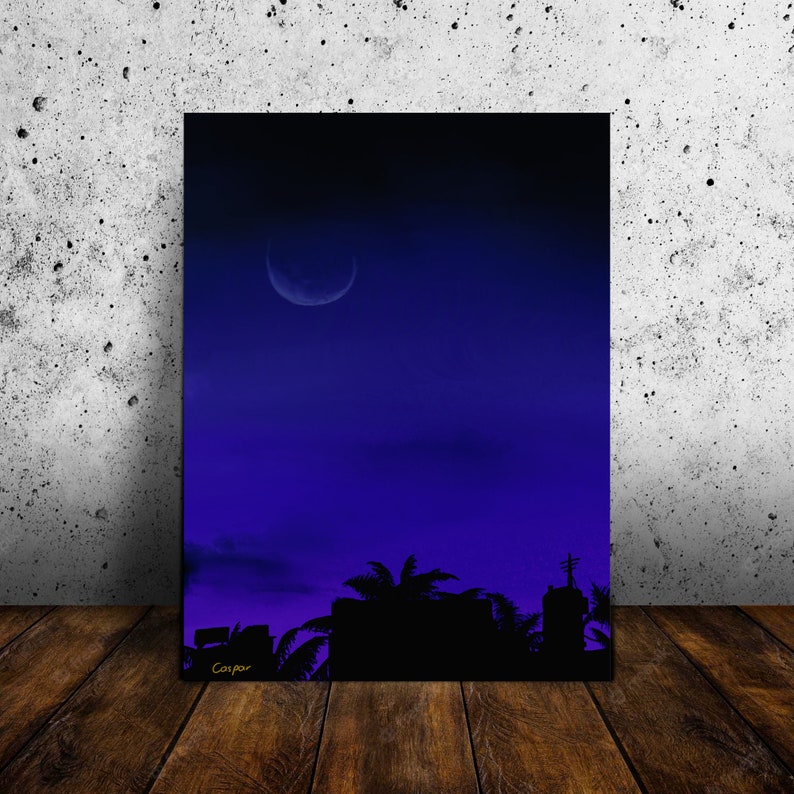 May include: A digital painting of a crescent moon in a dark blue sky with a silhouette of palm trees and buildings in the foreground.