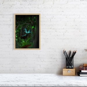 Impression d'art | Orignal des forêts au format A4 ou carte postale - 100 % respectueux de l'environnement | Oeuvre d'art fantastique pour décoration murale | Art magique de cerf lumineux
