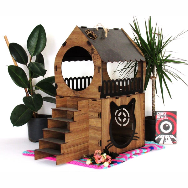 XL Two-Floor Wooden Cat House Template: Stylish and Sturdy - Cat House Indoor, Cat Bed, Wood Cat Bed Cave, Cat Bed Furniture, Cat Lover Gift