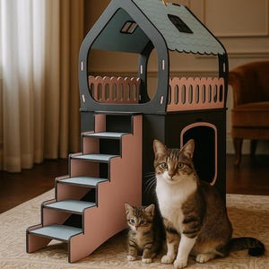 2XL Pet House SVG | Two Floor Cat or Small Dog Bed Plans for CNC | Modern Pet Furniture & Condo Template | Digital Download for Wood | Cave