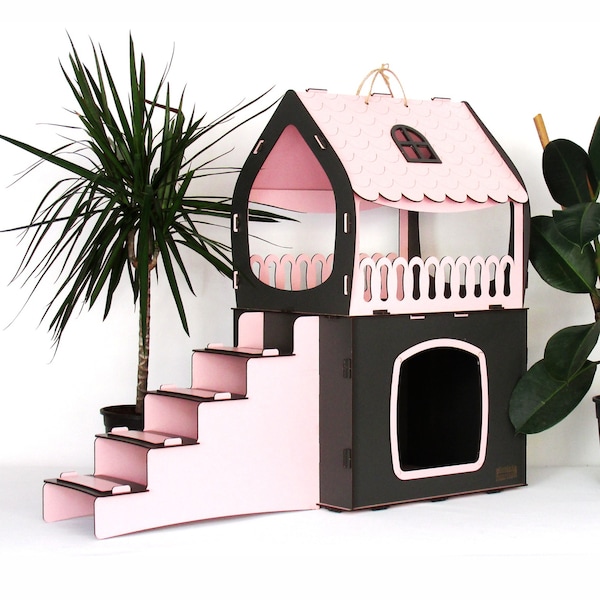 B. Pink + Gray Two-Story Wooden Pet Shelter - Cat House, Rabbit House, Dog House, Wooden Pet House, Pet House Indoor, Pet Bed, Pet Furniture