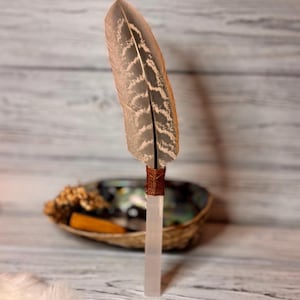 4&quot; crystal selenite feather smudge fan wands, altar tools, ceremony cleanse purify, smudging feathers, crystal wands