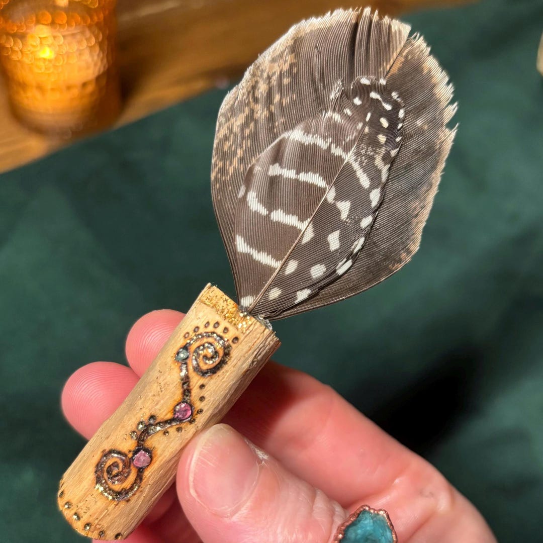 Hand-carved Mini Smudge Feather Fan With Turkey and Guinea Fowl Feather ...