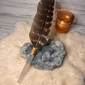 Smudge Feather Fan | Selenite Stick Wands | Ceremony and Prayer Smudging Feathers